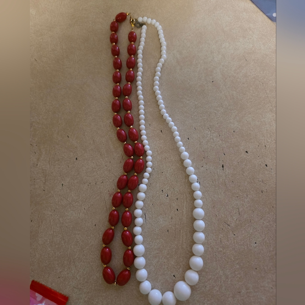 Vintage 1950s  Red and White Beaded Necklace Bundle.